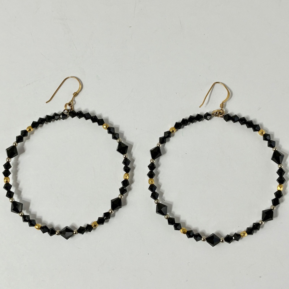 VTG Black Crystal Handmade Hoop Earrings 14K Gold Filled Hooks Dangle